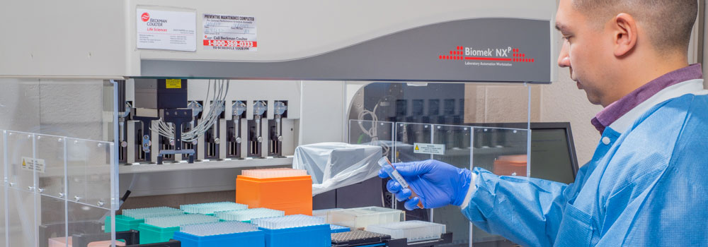 Researcher examining test tube while standing in front of machine